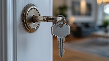 Wall Mural - Welcoming Home: Key with Home-Shaped Keychain in Bright Open Door Lock of New Property