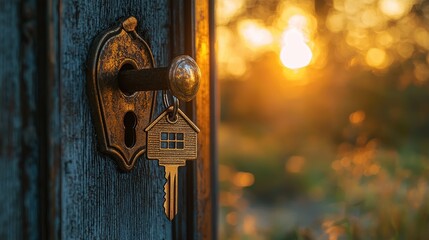 Wall Mural - Welcoming New Home - Open Door with Key and Home-Shaped Keychain in Lock Symbolizing Bright Future and Inviting Property Ownership