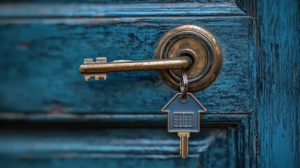 Wall Mural - Unlocking New Beginnings - Mortgage Concept with Open Door, Key, and House-Shaped Keychain Symbolizing Excitement of Home Purchase