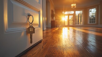 Wall Mural - Welcoming New Beginnings - Open Door of Bright Home Interior with House Key Symbolizing Investment and Ownership