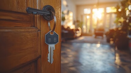 Wall Mural - Welcoming New Beginnings - Open Door to Bright Home Interior with House Keychain Symbolizing Investment and Ownership Concept