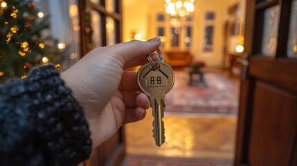 Wall Mural - Welcoming Open Door to Bright New Home, Key with House-Shaped Keychain - Real Estate Investment Concept