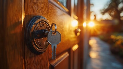 Wall Mural - Welcome Home - Key with House-shaped Keychain in Open Door Lock with Sunlight on New Property