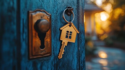 Wall Mural - Welcoming Home: Key with Home-Shaped Keychain in Open Door Lock