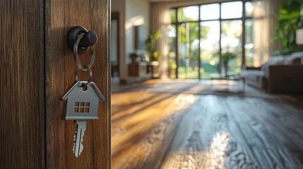 Wall Mural - Unlocking Property Investment Potential - Open Door with Key and House-shaped Keychain, Sunlight in Modern Interior