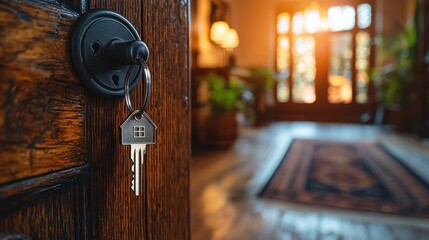 Wall Mural - Unlocking Property Investment Opportunities - Open Door with Key and House-shaped Keychain in Modern Interior with Light Streaming Through