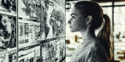 Sticker - Young woman looking at a screen with a digital grid pattern overlaying her face.