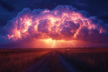 dramatic night sky electrified by a massive lightning bolt illuminating storm clouds and creating a spectacle of natures raw power and beauty