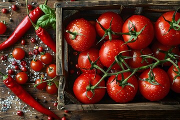 Wall Mural - Fresh Tomatoes and Red Chilies with Spices on Wooden Background - Perfect for Healthy Eating and Cooking Themes