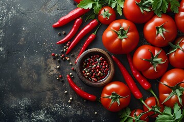 Wall Mural - Fresh Tomatoes and Chili Peppers with Mixed Peppercorns on Rustic Dark Background - Culinary Herbs and Spices