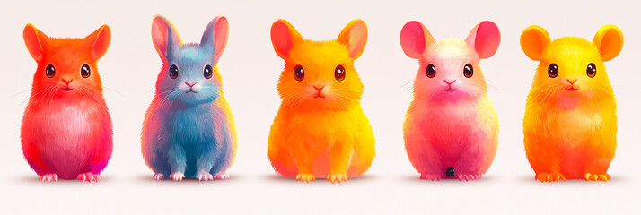 Five adorable cartoon hamsters in a row, each in a different vibrant color.