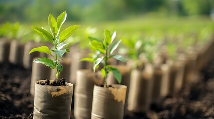 A close-up of young trees planted in protective tubes in an open field