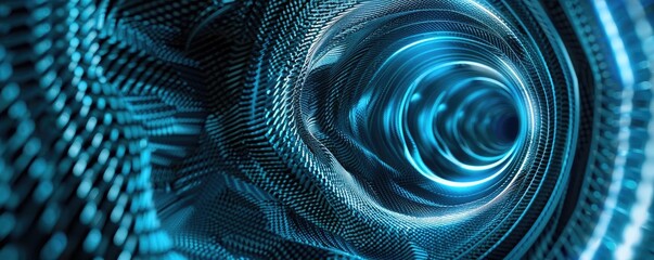 Poster - Abstract digital tunnel with glowing blue lights and intricate patterns, representing technology and innovation in a futuristic world.