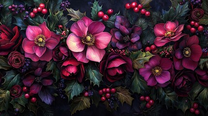 Leinwandbilder - A stunning display of winter flowers including deep red roses, holly, and magnolias creates an elegant atmosphere, ideal for festive occasions and celebrations
