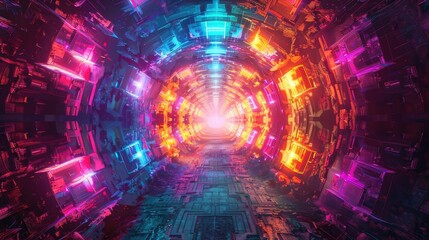 Poster - A stunning digital tunnel with vibrant neon colors, creating a mesmerizing illusion of depth and light that captivates the viewer.