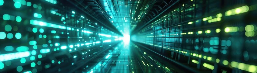 Poster - A futuristic digital tunnel with vibrant lights and glowing particles, representing technology and innovation in a virtual space.