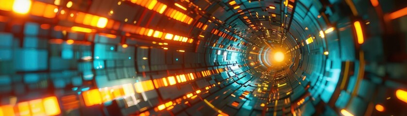 Poster - A vibrant and dynamic tunnel of light showcasing orange and blue hues, evoking a sense of technology and motion.