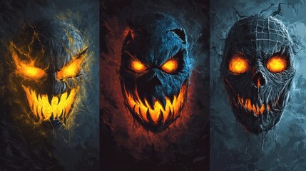 Set of halloween movie monster character portrait backgrounds. Horror vector design elements for poster, flyer, cards and web.