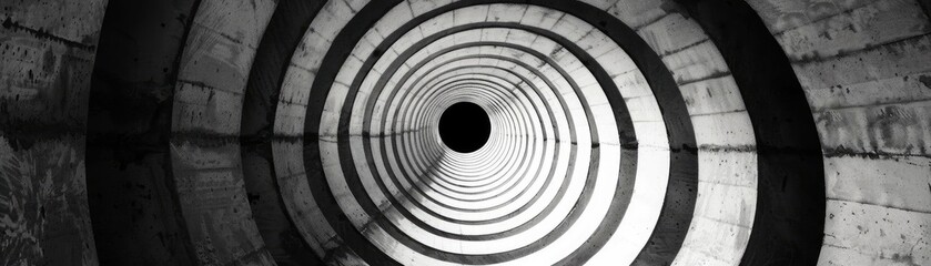 Poster - A captivating black and white view of circular patterns within a concrete tunnel, creating a sense of depth and perspective.