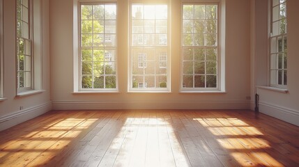 Poster - Bright sunlight fills a large, empty room with wooden floors, highlighting the tall windows that offer a view of lush greenery outside. The peaceful ambiance invites creativity and relaxation