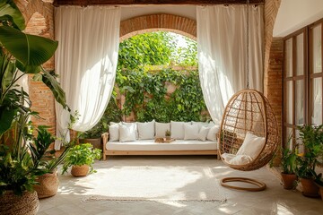 Poster - In a tranquil outdoor living area, a hanging chair complements a cushioned seating space surrounded by vibrant plants and natural light, creating a serene atmosphere