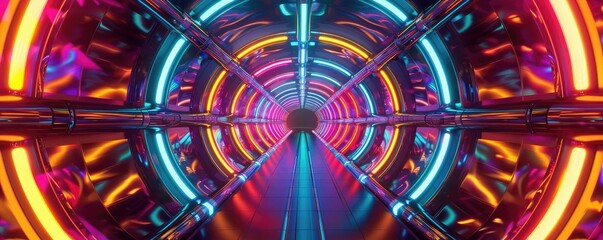Poster - A vibrant tunnel scene featuring neon lights and a futuristic aesthetic, perfect for technology and design concepts.