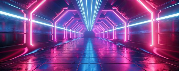 Poster - A futuristic hallway illuminated with vibrant neon lights, showcasing a sci-fi atmosphere with reflective surfaces.