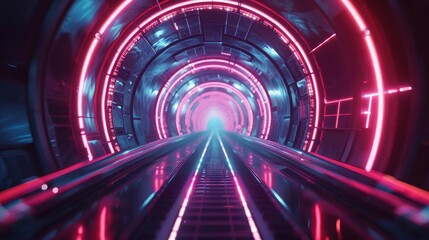 Poster - Futuristic tunnel with vibrant neon lights creating a captivating depth effect. Perfect for sci-fi and technology themes.