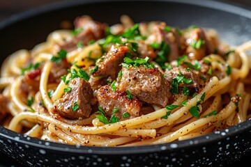 Sticker - A generous serving of spaghetti topped with succulent pieces of beef and sprinkled with fresh parsley creates a hearty, flavorful meal perfect for any occasion