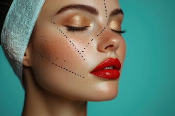 Sticker - This striking visual captures a model with flawless skin and artistic facial markings, highlighting her golden eyeshadow and bright red lips against a turquoise backdrop