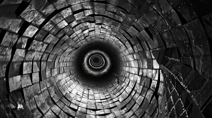 Poster - A captivating view of a circular tunnel made of stone bricks, creating a mesmerizing pattern in black and white.