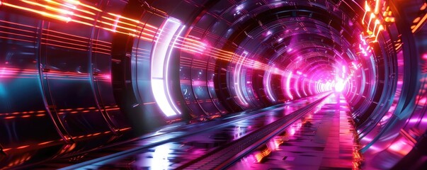 Poster - Futuristic tunnel with vibrant neon lights and reflections, perfect for sci-fi themes and atmospheric visuals.