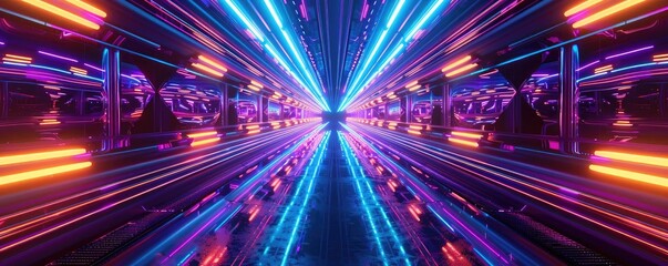 Poster - Vibrant neon lights create a captivating tunnel effect, blending futuristic designs with dynamic color patterns and reflections.