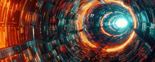 Poster - A futuristic tunnel with glowing lights and a vibrant digital design, evoking a sense of motion and technological advancement.
