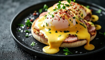 Eggs Benedict with Hollandaise Sauce and Parsley Garnish