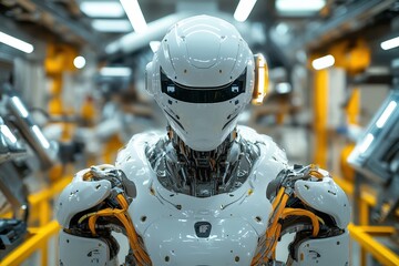 Poster - A sleek humanoid robot is prominently displayed in a modern manufacturing environment, characterized by cutting-edge technology and illuminated workspaces
