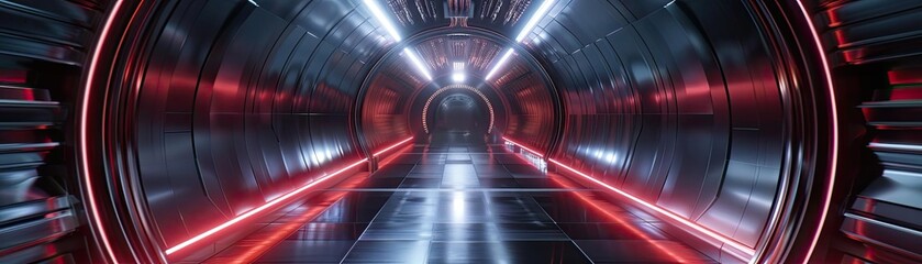 Aufkleber - Futuristic tunnel with glowing red lights and sleek metallic surfaces, perfect for sci-fi themes and digital art projects.
