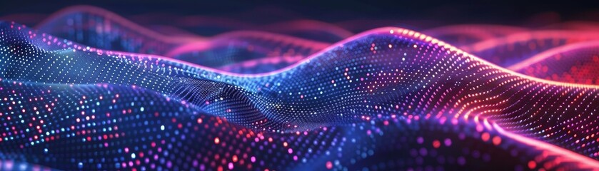 Poster - An abstract representation of digital waves featuring vibrant colors and glowing particles, perfect for technology and design themes.