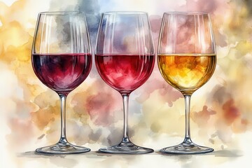 Wall Mural - elegant trio of wine glasses in watercolor style red pink and yellow hues blend seamlessly on a crisp white background creating a vibrant and artistic representation