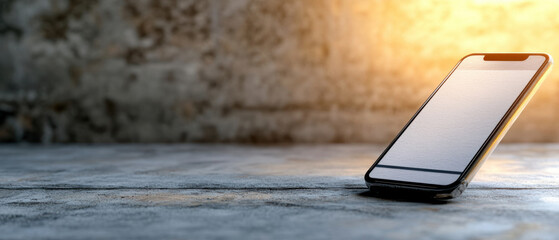 A sleek smartphone rests on a textured surface, illuminated by warm light, showcasing modern design and technology.