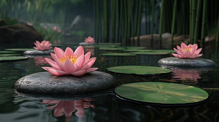Poster - Delicate pink water lilies rest gracefully on smooth stones, floating serenely in a calm pond filled with vibrant green lily pads under soft daylight