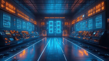 hightech electrical substation complex network of transformers and switchgear futuristic control panels industrial scale power distribution cool blue lighting energy infrastructure