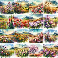 Poster - watercolor flowers and mountains drawing style floral background. AI generated illustration