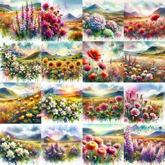 Poster - watercolor flowers and mountains drawing style floral background. AI generated illustration