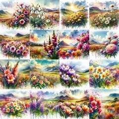 Wall Mural - watercolor flowers and mountains drawing style floral background. AI generated illustration