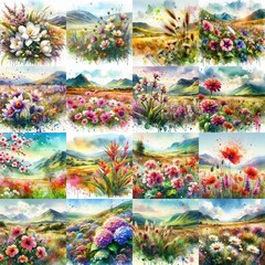 Poster - watercolor flowers and mountains drawing style floral background. AI generated illustration