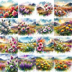 Poster - watercolor flowers and mountains drawing style floral background. AI generated illustration