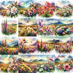 Wall Mural - watercolor flowers and mountains drawing style floral background. AI generated illustration