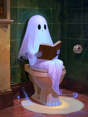 A cute ghost reading in the toilet, Illustration