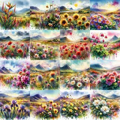 Wall Mural - watercolor flowers and mountains drawing style floral background. AI generated illustration